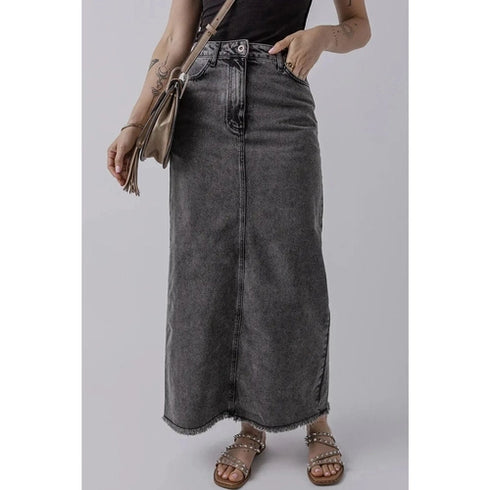 'Mobi' Raw Hem Midi Denim Skirt with Pockets - Celes Fashion